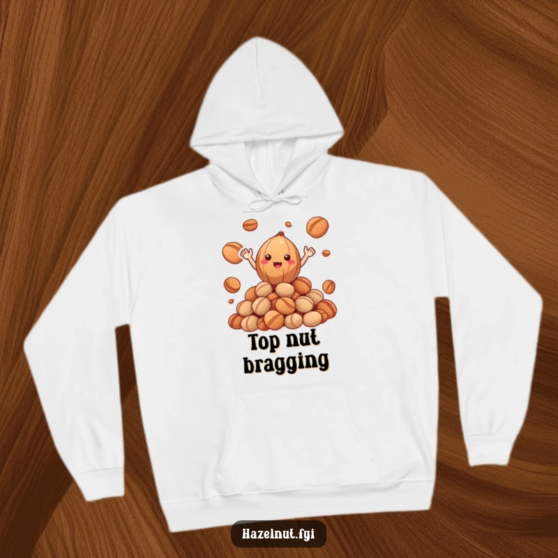 Funny Happy Hazelnut Hoodie: a cheerful nut with tiny arms waving from a heap of roasted nuts, a warm funny gift.