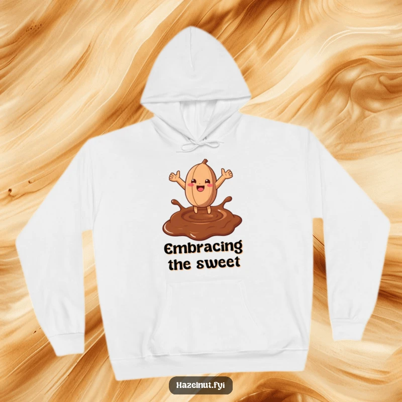 Funny Hazelnut Chocolate Leap Hoodie: A happy hazelnut dives into chocolate, perfect for a warm and funny hoodie.