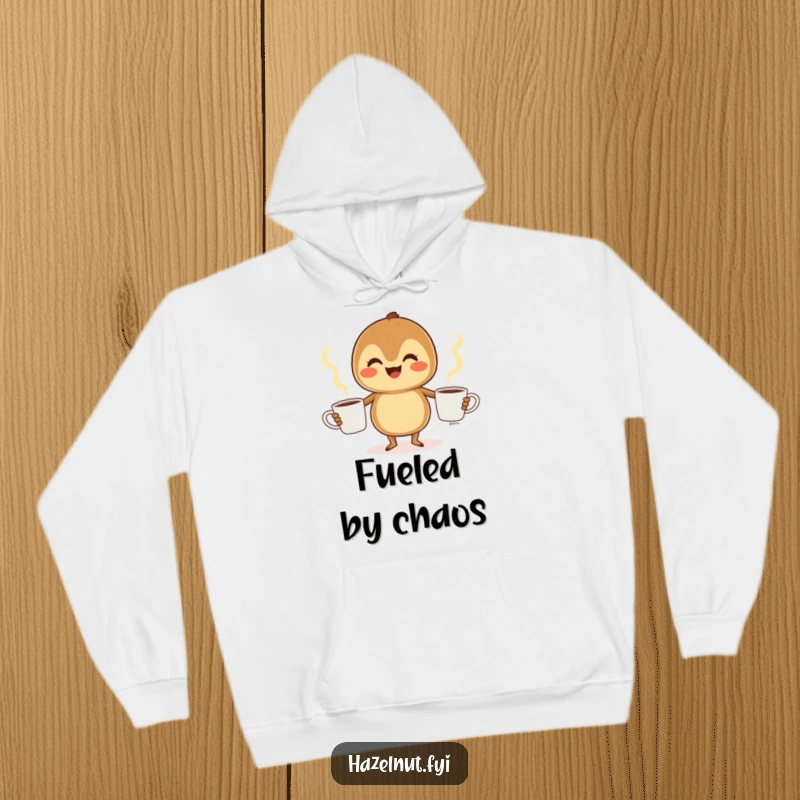 Funny Hazelnut Hoodie: A cheerful hazelnut juggles three steaming coffee cups, embodying warm, humorous, and energetic vibes.