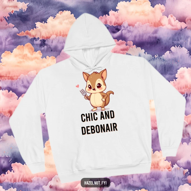 Funny hoodie featuring a stylish hazelnut striking a pose with a tiny fork, perfect for cozy chic.