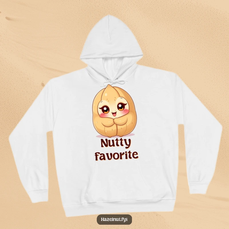 Funny Hazelnut Hug Hoodie: a delighted, big-eyed nutty character in a warm embrace with a giant hazelnut, a snuggly funny gift.