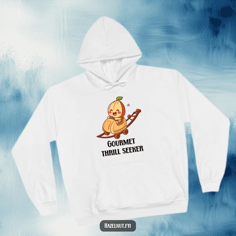 Funny hazelnut character on a wacky chocolate roller coaster, illustrated on a cozy hoodie, a humorous and warm gift option.