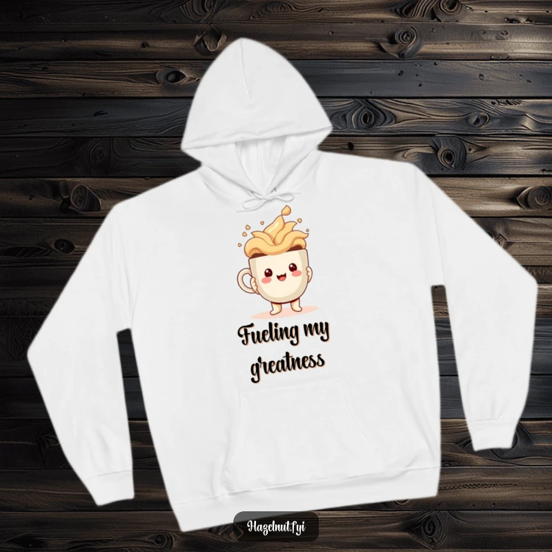 Funny Hoodie showcasing a cheerful kawaii hazelnut character gripping a comically large, overflowing coffee cup; ideal for cozy laughs.