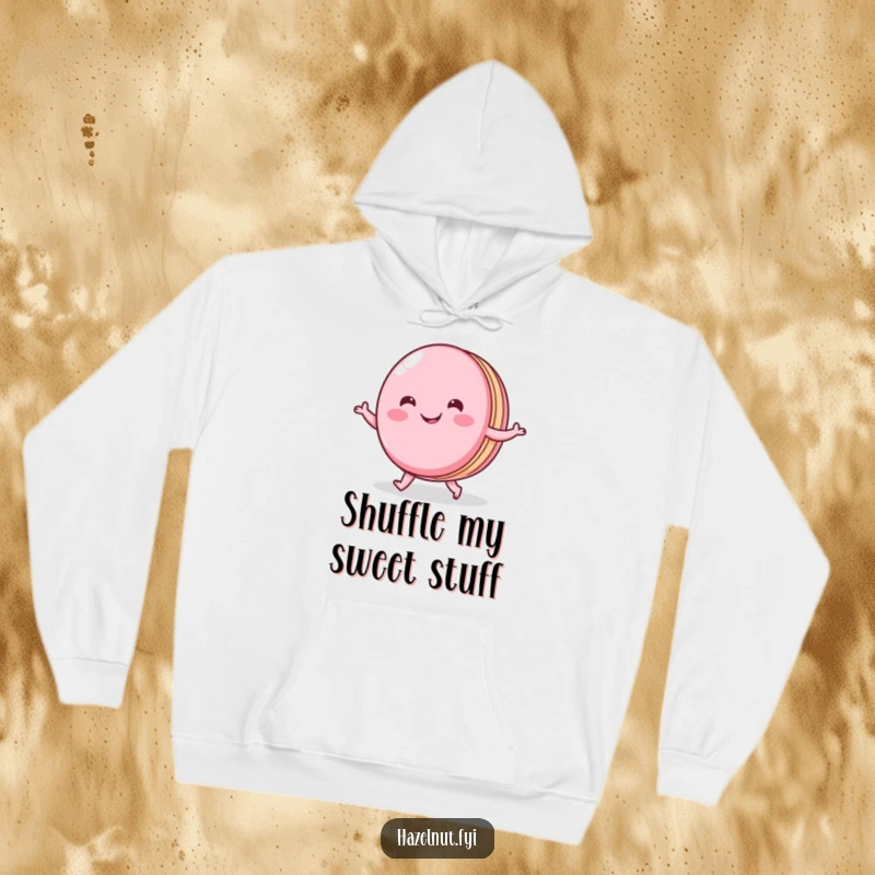 Funny hoodie featuring a cheerful macaron with a wide smile doing a little shuffle, offering warmth and sweet elegance.