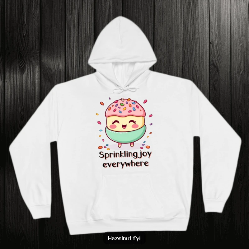 Funny hoodie depicting a cheerful macaroon with a contagious giggle, juggling a vibrant array of candy sprinkles.