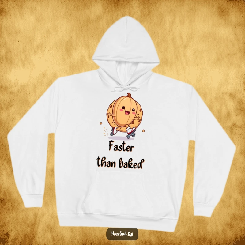 Funny hoodie featuring a hazelnut on roller skates zipping around a cookie, offering warmth and humorous action, a great gift.