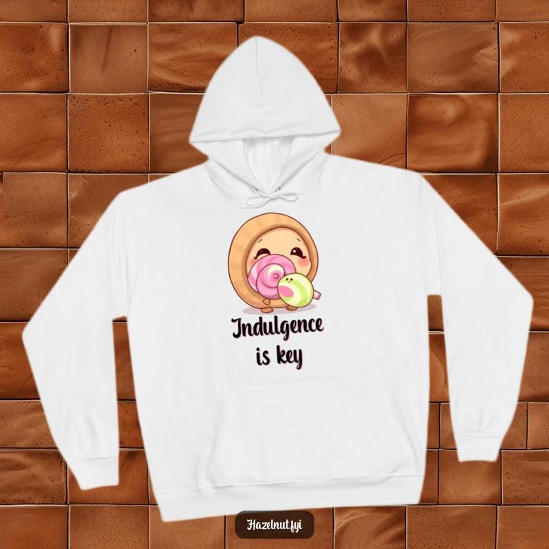 Comfortable and funny hazelnut hoodie featuring a curious character sniffing a giant lollipop with delight.