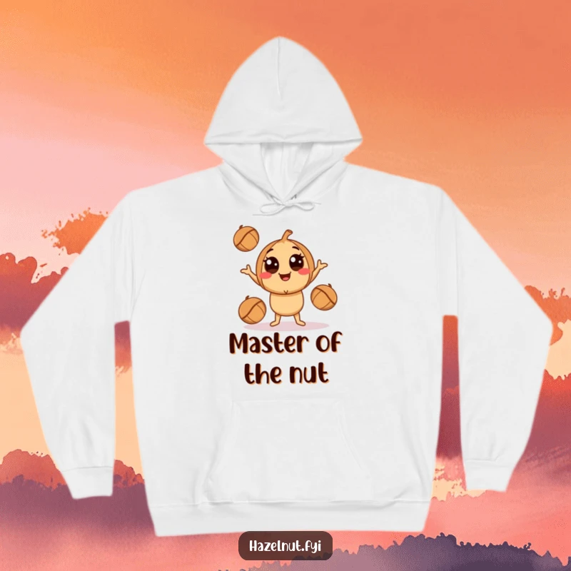 Funny Juggling Hazelnut Hoodie: A smiling character with big eyes playfully juggling nuts, ideal for cozy, funny vibes.