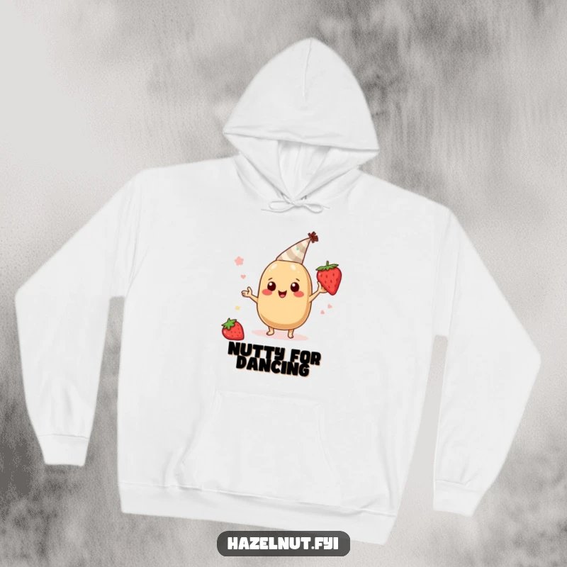 Funny hazelnut character hoodie, wearing a tiny party hat and boogying with a strawberry slice, warm and humorous festive wear.