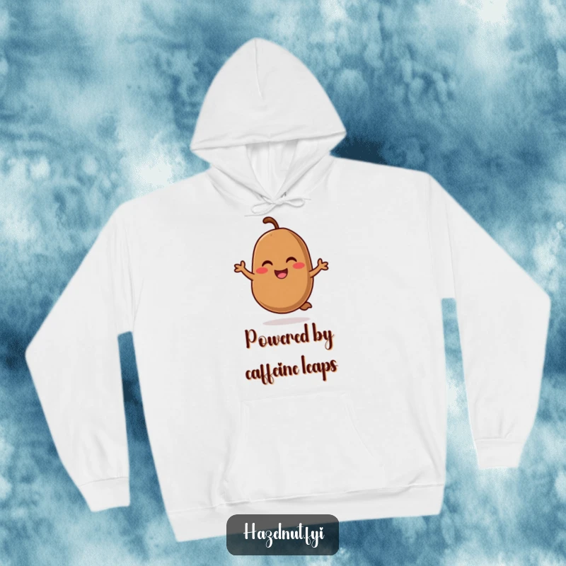 Funny hoodie featuring a smiling coffee bean with rosy cheeks, joyfully hopping, offering warmth and a cheerful vibe.