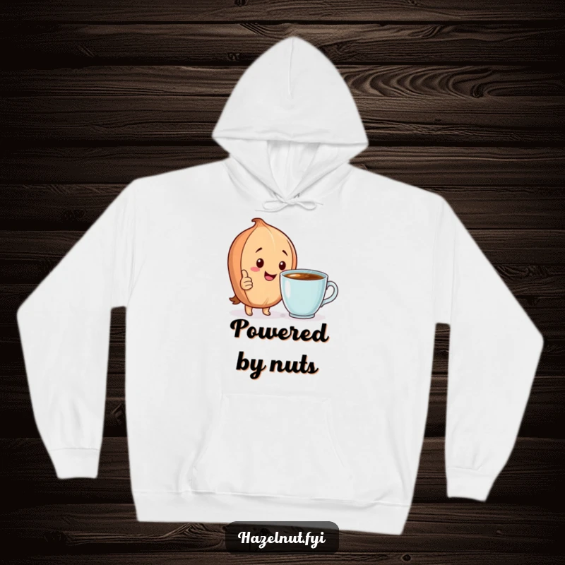 Funny Hoodie: A happy hazelnut character gives a thumbs up next to a steaming cup, perfect for cozy mornings.