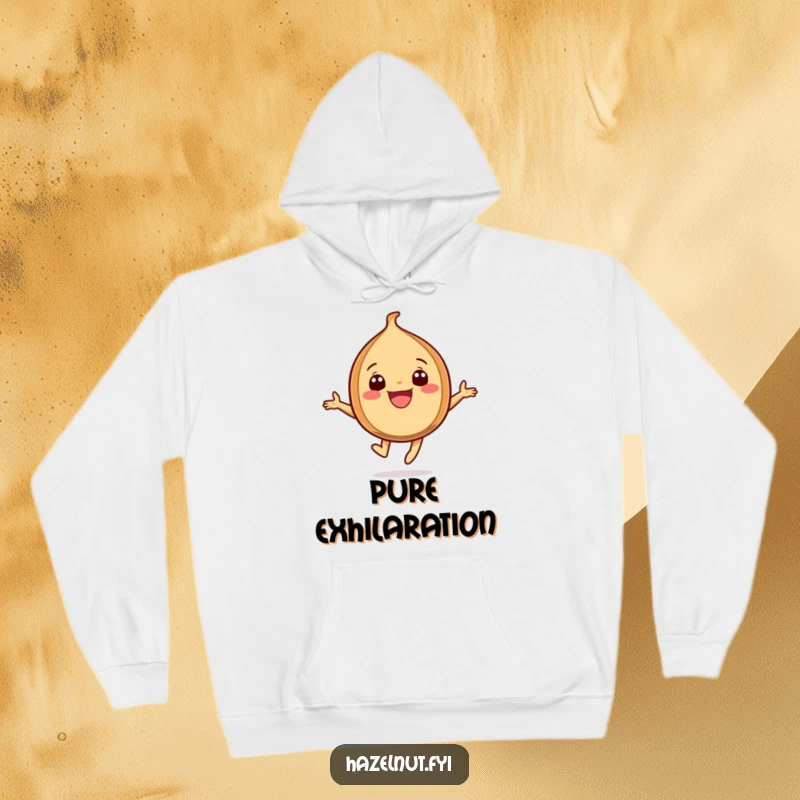 Funny Joyful Hazelnut Hoodie, a cheerful hazelnut character with a wide grin, leaping energetically, perfect for cozy wear.