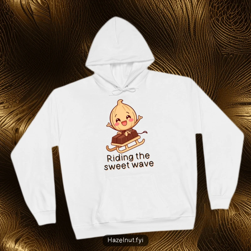 Funny Hoodie: A delighted hazelnut character rides a tiny chocolate bar like a sled, offering warmth and a humorous sweet adventure.