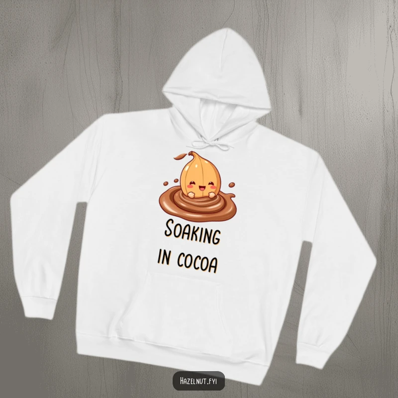 Funny hoodie featuring a cheerful hazelnut character happily diving into a creamy, swirling chocolate dip, perfect for cozy indulgence.
