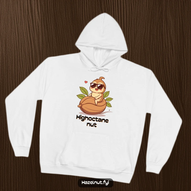 Funny hazelnut character in sunglasses riding a coffee bean, depicted on a warm, cozy hoodie. Perfect funny gift.