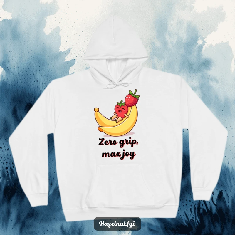 Funny hoodie illustrating a strawberry comically zipping down a banana peel slide, perfect for cozy and humorous wear.