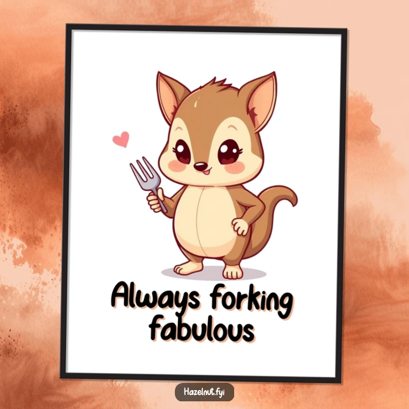 Funny Free Printable Wall Art of a stylish hazelnut striking a pose with a tiny fork, looking dapper and humorous.