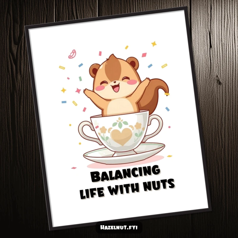 Funny Free Printable Wall Art: A hazelnut happily balances on a teacup, showering confetti in a dynamic and joyful display.
