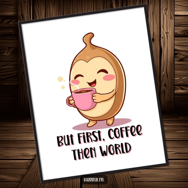 Funny Free Printable Wall Art: A cheerful hazelnut character winks while holding a tiny, steaming coffee cup, bringing warmth and joy.
