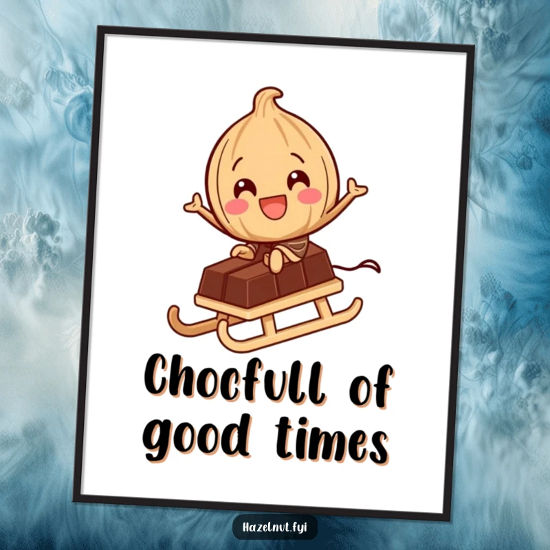 Funny Free Printable Wall Art: A delighted hazelnut character joyfully rides a small chocolate bar as if it were a sled.