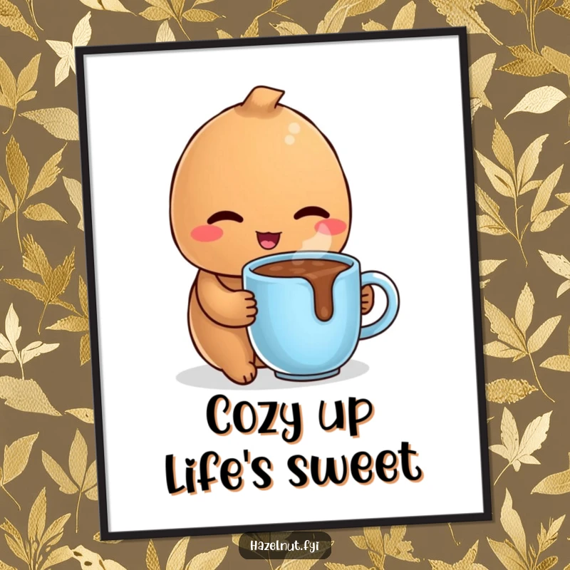 Funny Free Printable Wall Art: A delighted hazelnut winks cheekily while holding a tiny mug of steaming hot chocolate.