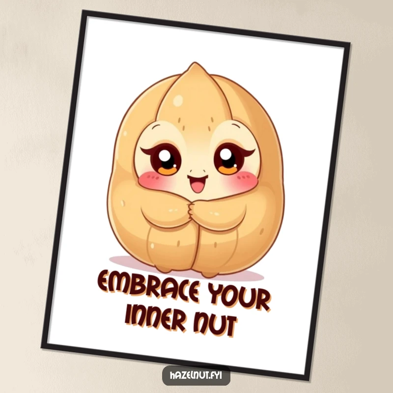 Funny Free Printable Wall Art: A cheerful nutty creature hugging a very large, perfect hazelnut with joy.