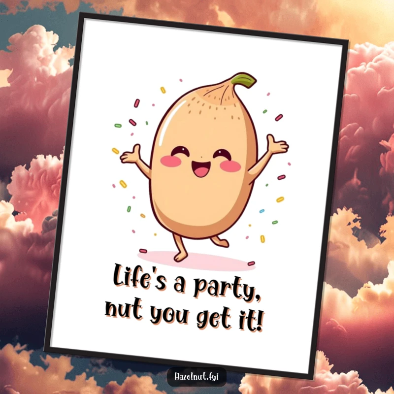 Funny Free Printable Wall Art: Kawaii hazelnut character performing an energetic dance amidst a colorful shower of sprinkles, radiating pure happiness.