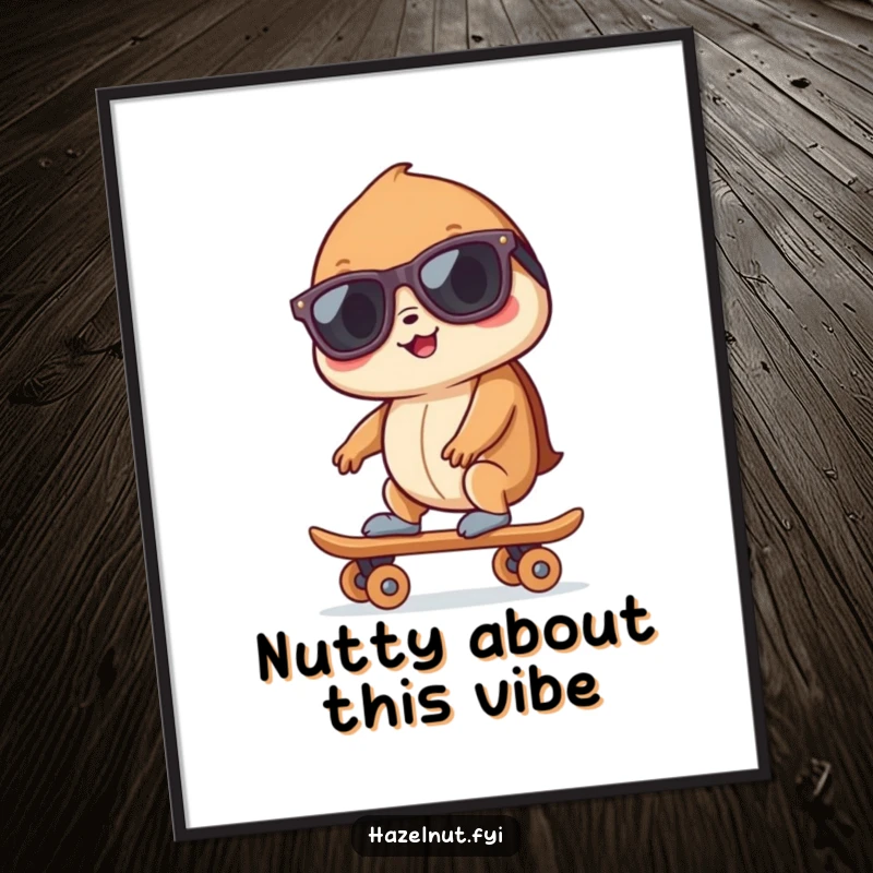 Funny Free Printable Wall Art: A hip hazelnut on a skateboard with sunglasses striking a cool pose, perfect for quirky decor.
