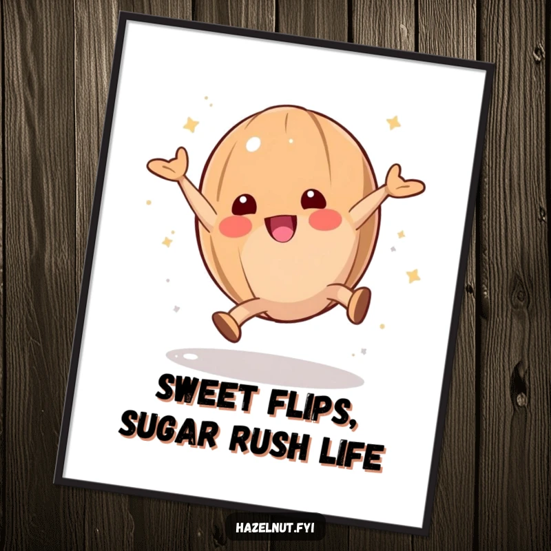 Funny Free Printable Wall Art: A playful hazelnut spins mid-cartwheel, dusted with powdered sugar, embodying pure, energetic fun.