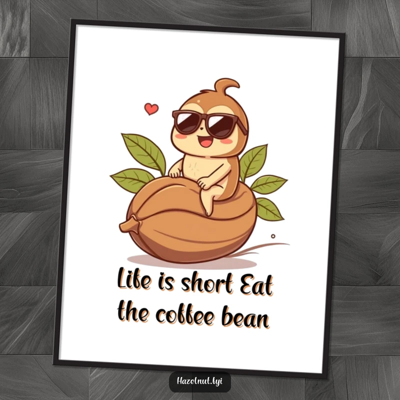 Free Printable Wall Art: A playful hazelnut wearing sunglasses rides a giant coffee bean, creating a humorous and cool poster.