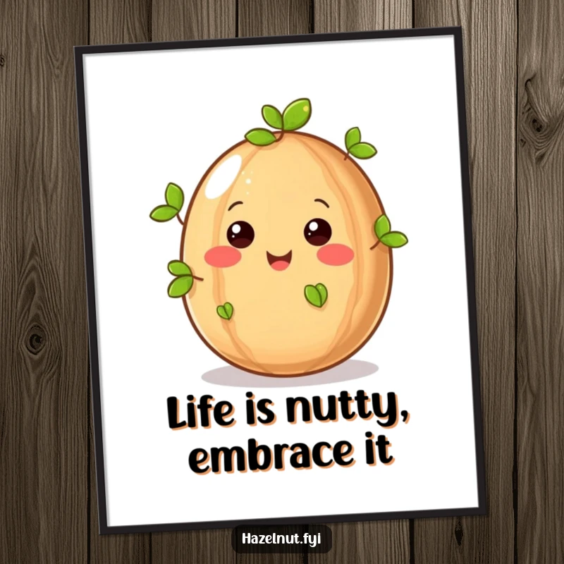 Funny Free Printable Wall Art of a joyful hazelnut with wide, happy eyes, sprouting tiny green leaves, bringing nature's humor.