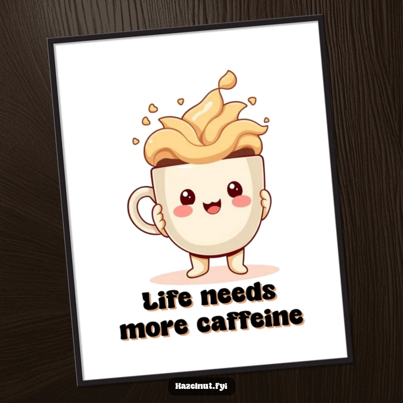 Funny Free Printable Wall Art: Adorable kawaii hazelnut character joyfully holding an enormous, overflowing coffee cup, ready to brighten a room.