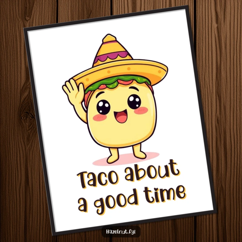 Funny Free Printable Wall Art of a happy taco saluting with a tiny sombrero, a festive downloadable piece.