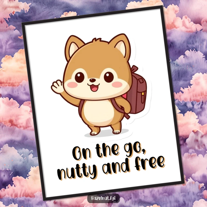 Funny Free Printable Wall Art: Adorable Hazelnut Character with Tiny Backpack Waving Enthusiastically Hello