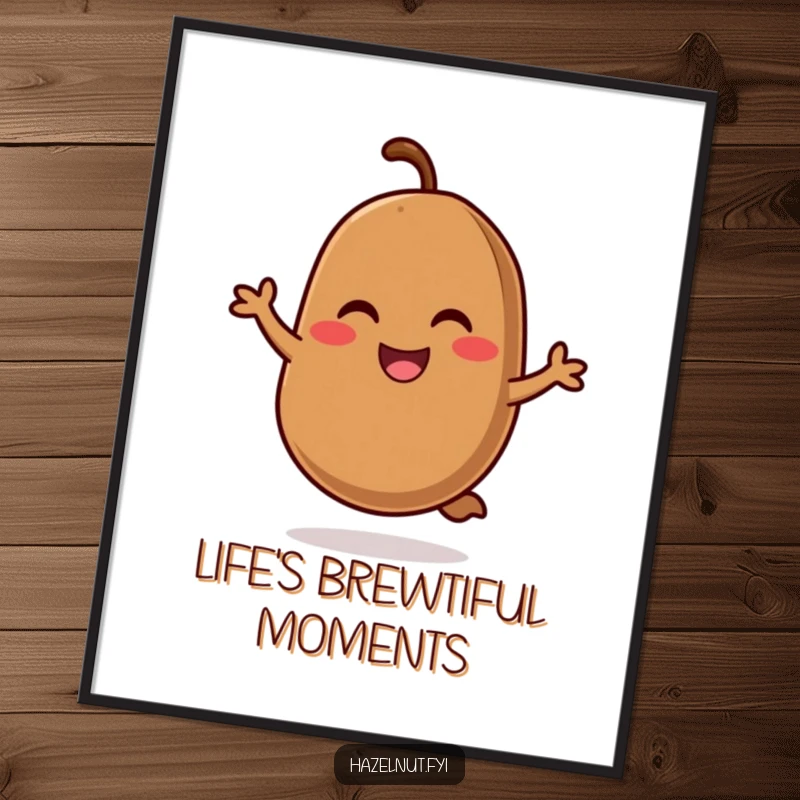 Funny Free Printable Wall Art: A smiling coffee bean with rosy cheeks doing a cheerful hop, bringing vibrant energy.