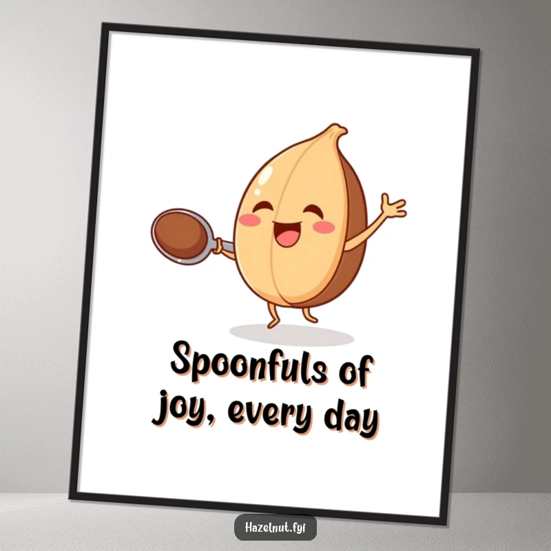 Funny Free Printable Wall Art of a joyful hazelnut dancing with a spoon, radiating happiness and cheerful energy.