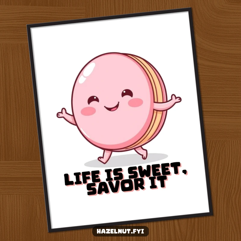 Funny Free Printable Wall Art: A smiling macaron with a wide grin energetically doing a happy little shuffle.
