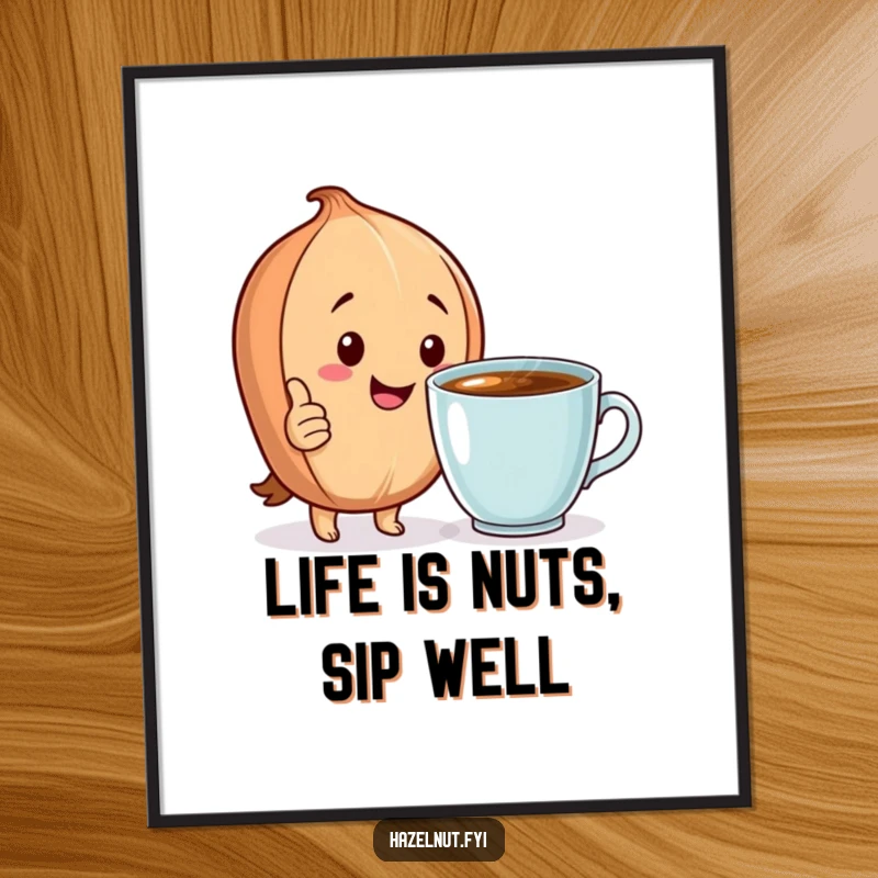 Funny Free Printable Wall Art: A happy hazelnut character giving a thumbs up, enjoying a warm beverage.