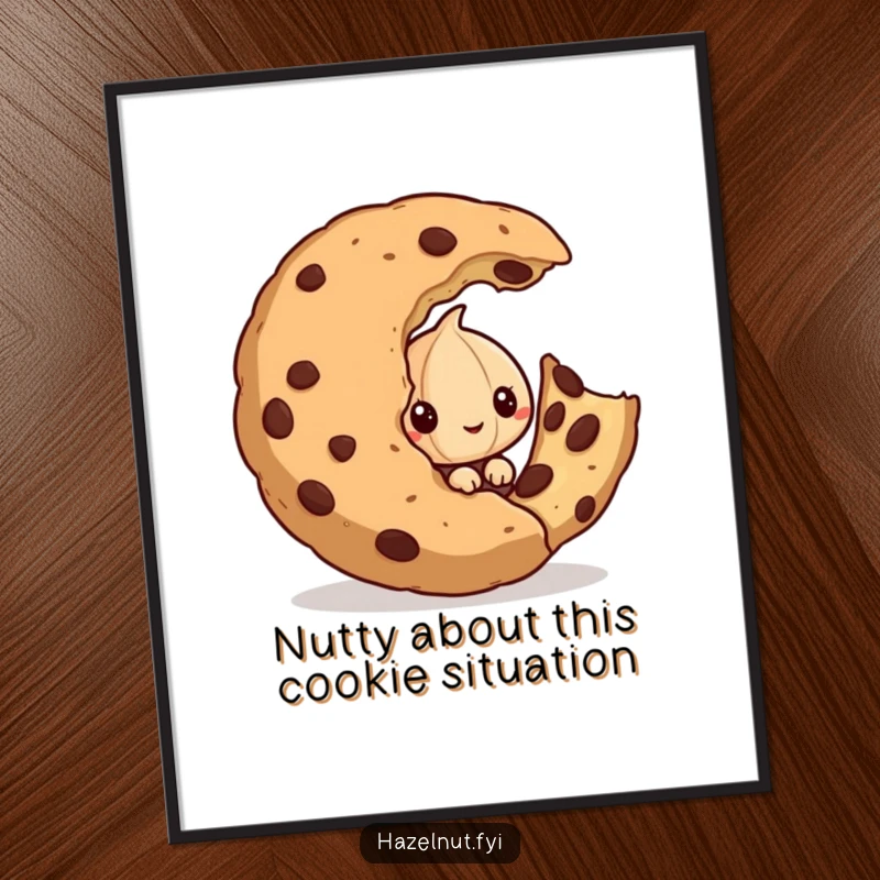 Funny Free Printable Wall Art: A mischievous hazelnut peeks out from behind a colossal, partially consumed cookie.