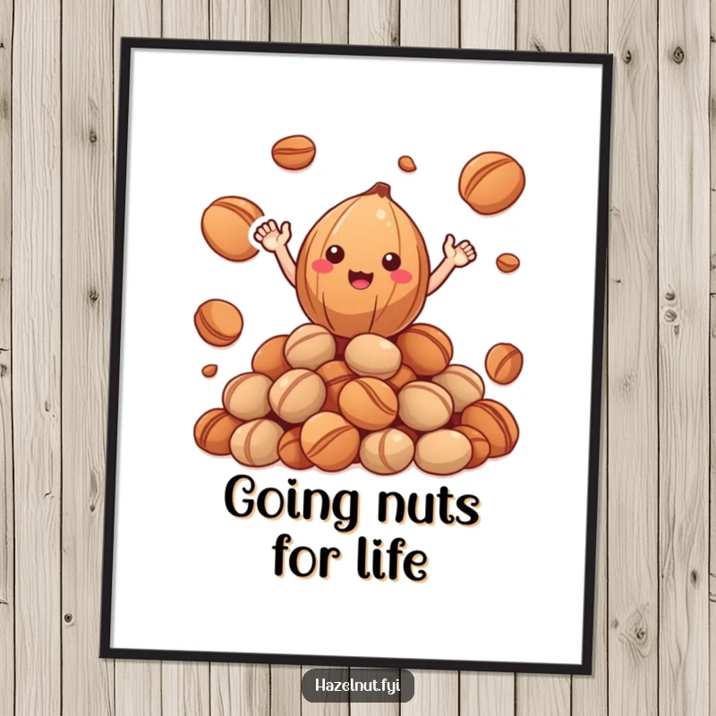 Funny Free Printable Wall Art: A cheerful hazelnut with tiny arms waving enthusiastically from atop a pile of roasted nuts.