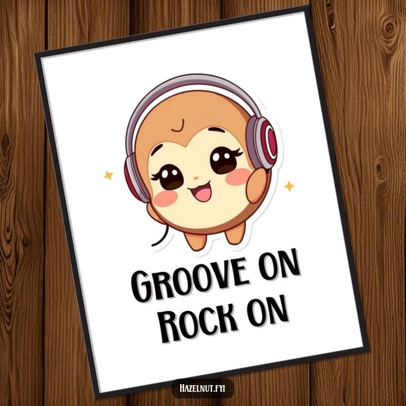 Funny Free Printable Wall Art: A smiling hazelnut character with headphones listens to music, embodying cool, relaxed vibes.