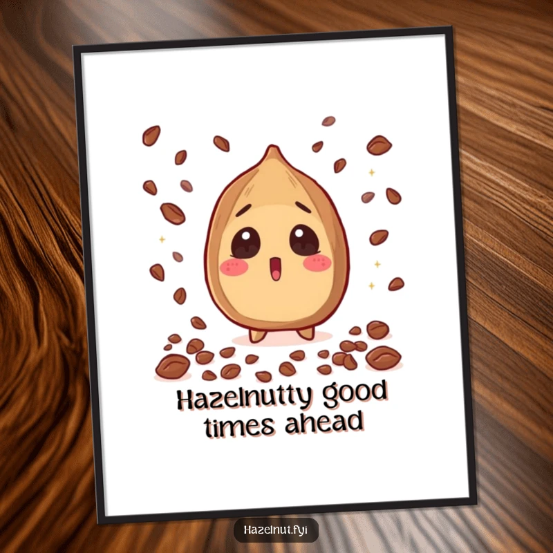 Funny Free Printable Wall Art: A wide-eyed hazelnut experiencing a delightful shower of sparkling cacao nibs.