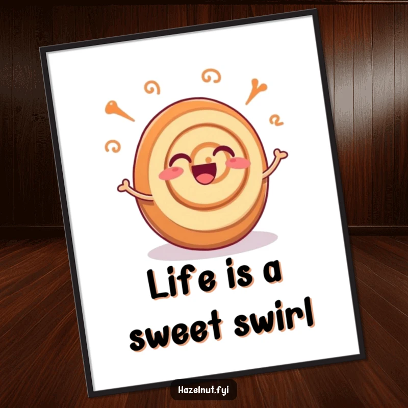 Funny Free Printable Wall Art: A joyful cinnamon roll with its swirls wiggling energetically, bringing cozy vibes.