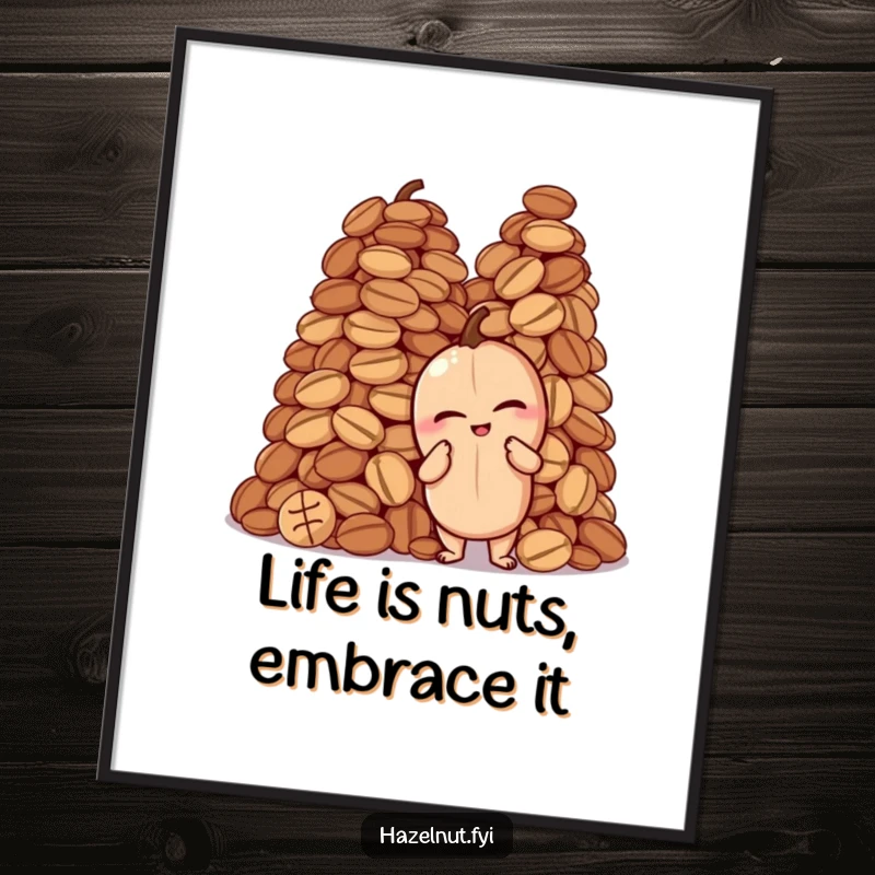 Funny Free Printable Wall Art of a winking hazelnut proudly posed next to a towering pile of nuts, a whimsical and humorous art piece.
