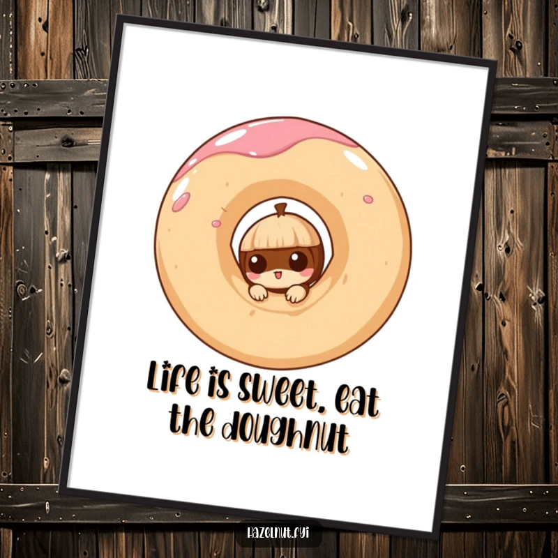 Funny Free Printable Wall Art of a curious hazelnut peeking out from a giant, swirling doughnut, creating a whimsical, sweet scene.