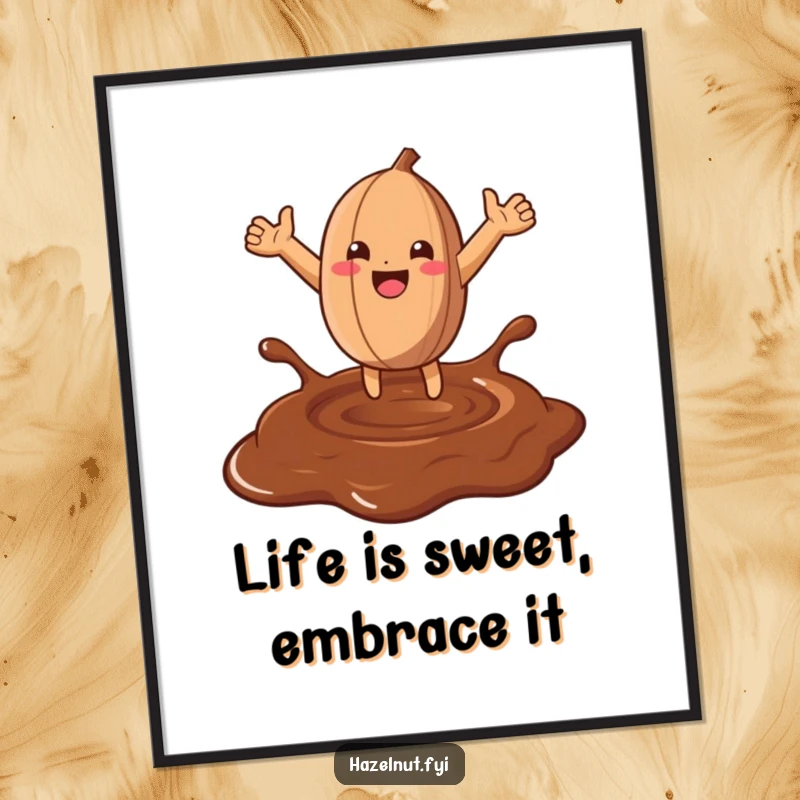 Funny Free Printable Wall Art: A joyful hazelnut with arms wide leaps into a rich, glossy pool of melted chocolate.