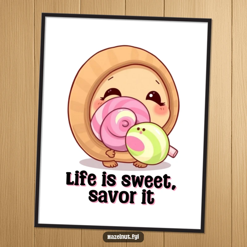 Funny Free Printable Wall Art: A curious hazelnut sniffs a comically giant lollipop with pure delight, adding sweetness to the room.