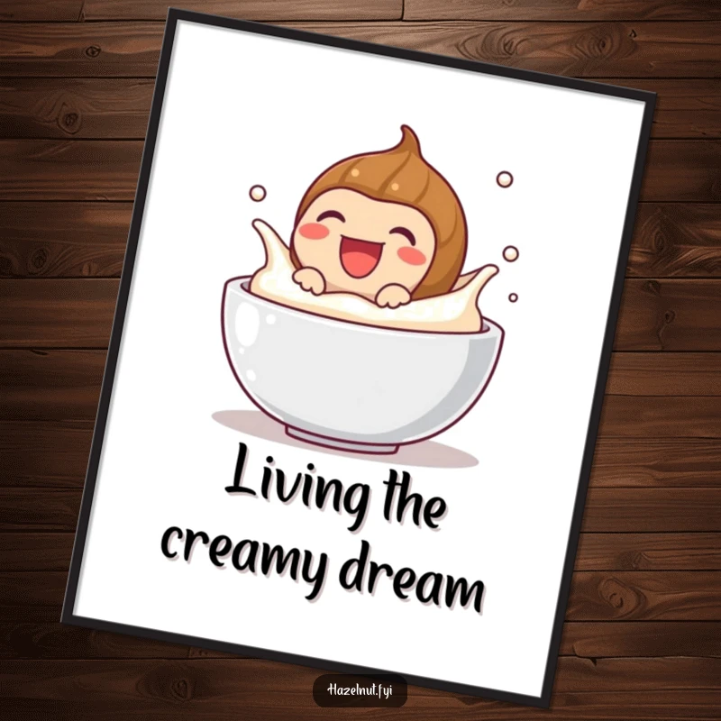 Funny Free Printable Wall Art: Hazelnut laughing and splashing playfully in a bowl of cream, creating a scene of pure delight.