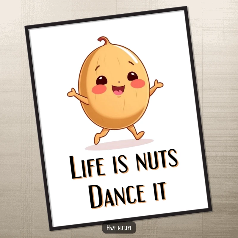 Funny Free Printable Wall Art: A cute, round hazelnut with stubby legs performing a joyful dance.