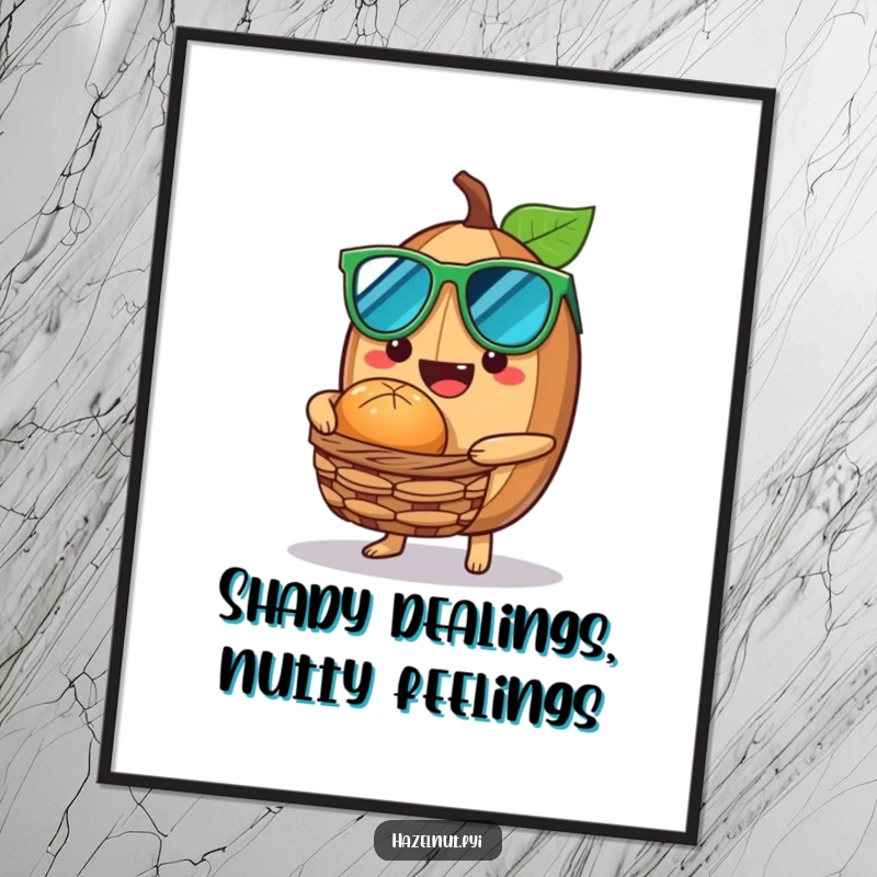 Funny Free Printable Wall Art: A hazelnut wearing sunglasses, offering a nutty treat from a tiny basket
